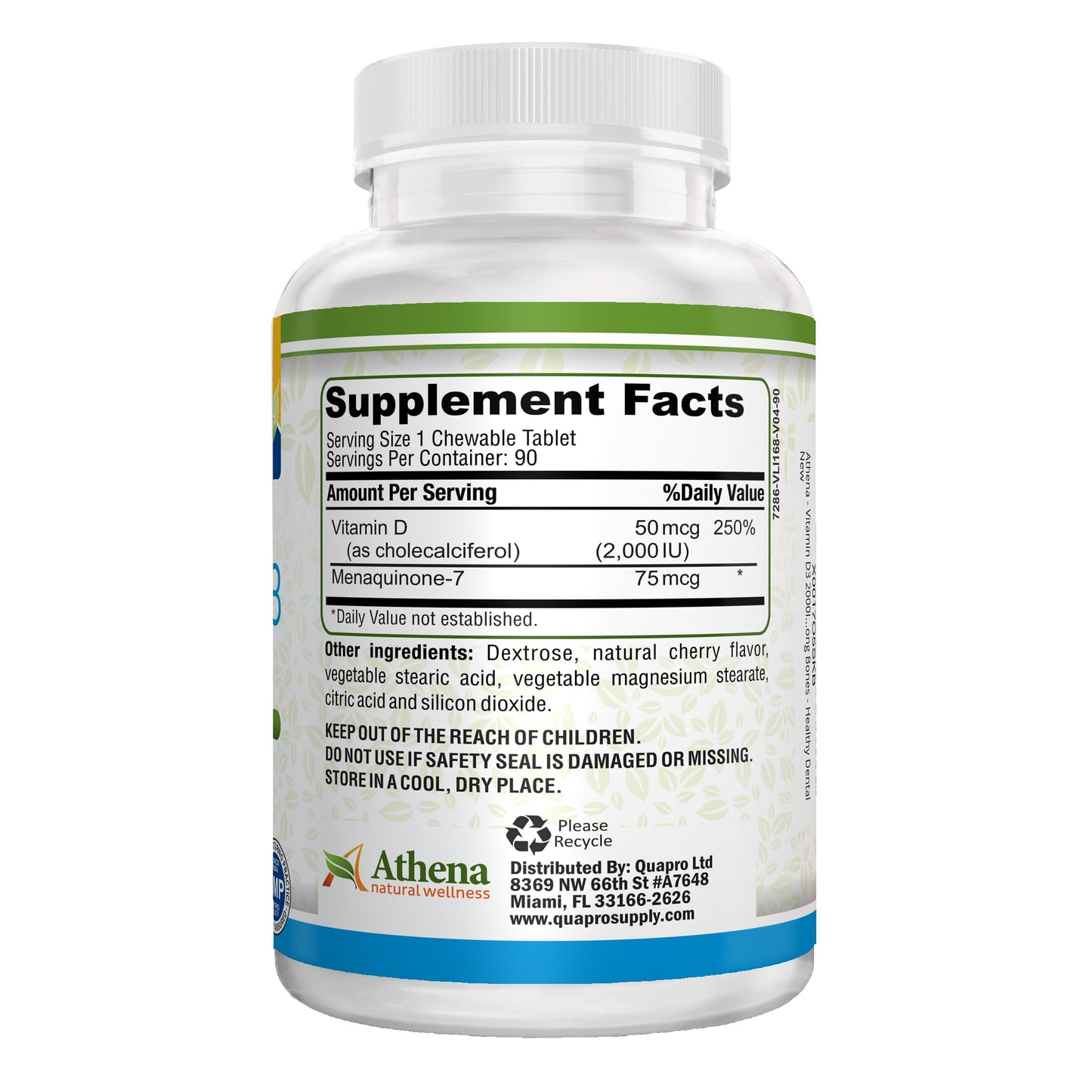 Athena Natural Wellness Vitamin D3 2000IU with K2 (MK7) Chewable Tablets, 90 Tablets