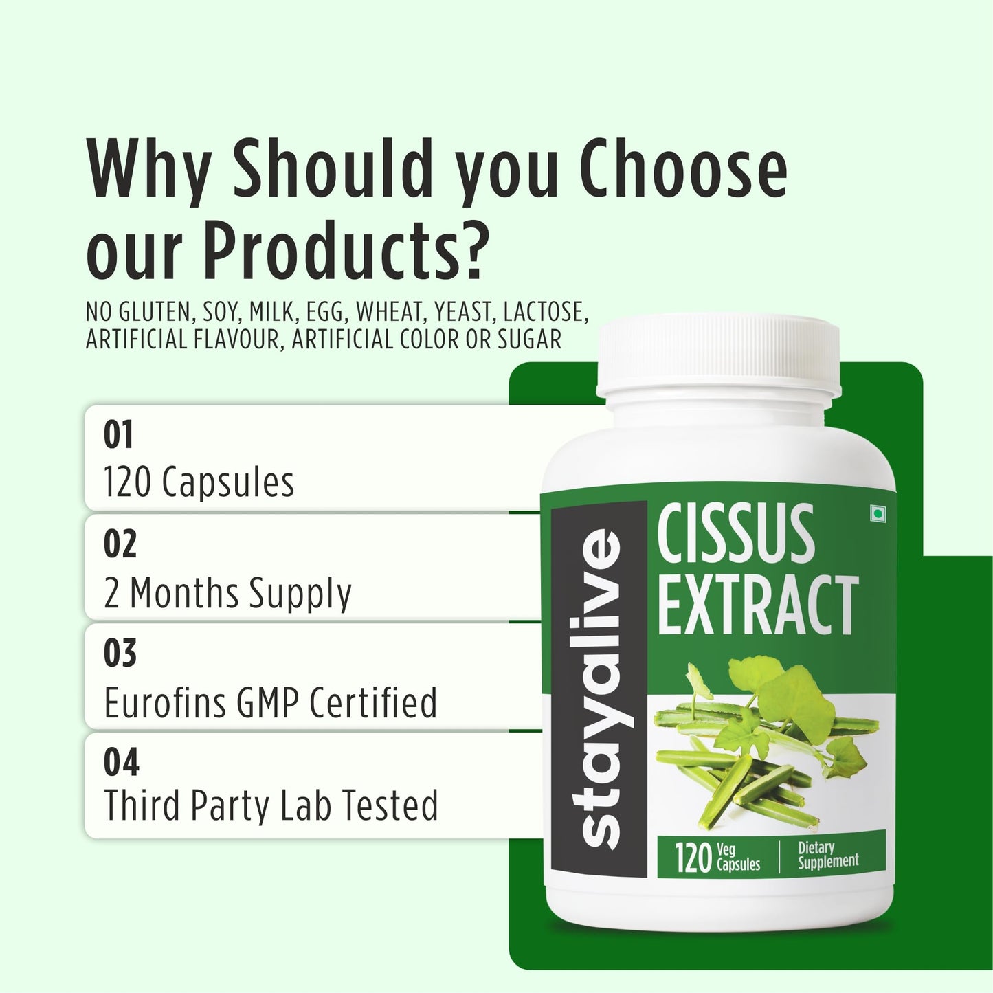 STAY ALIVE Cissus Quadrangularis Supplement 1000mg Capsule, 120 Count