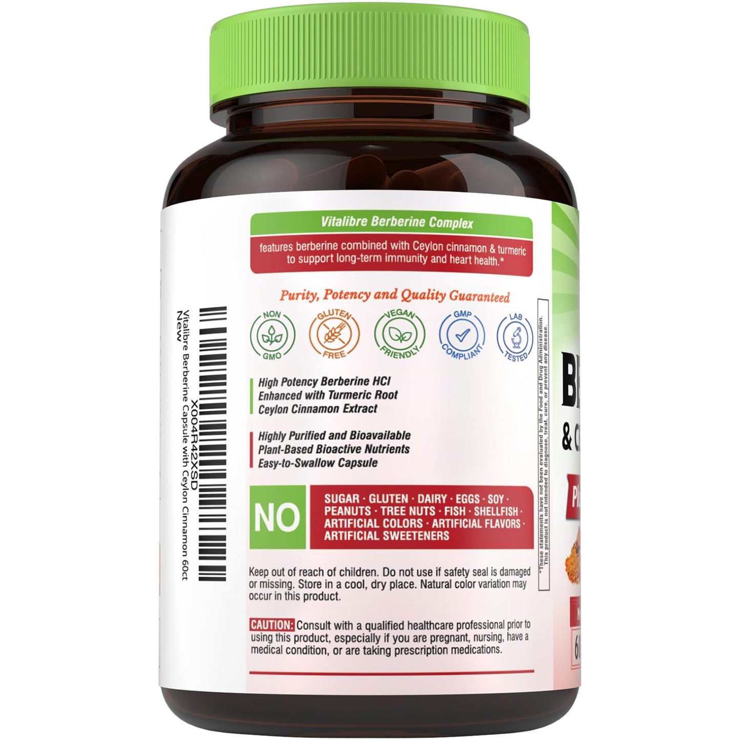 Vitalibre Berberine with Ceylon Cinnamon, Turmeric Root, Triple Strength, 97% High Potency Berberine HCl, 60 Capsules