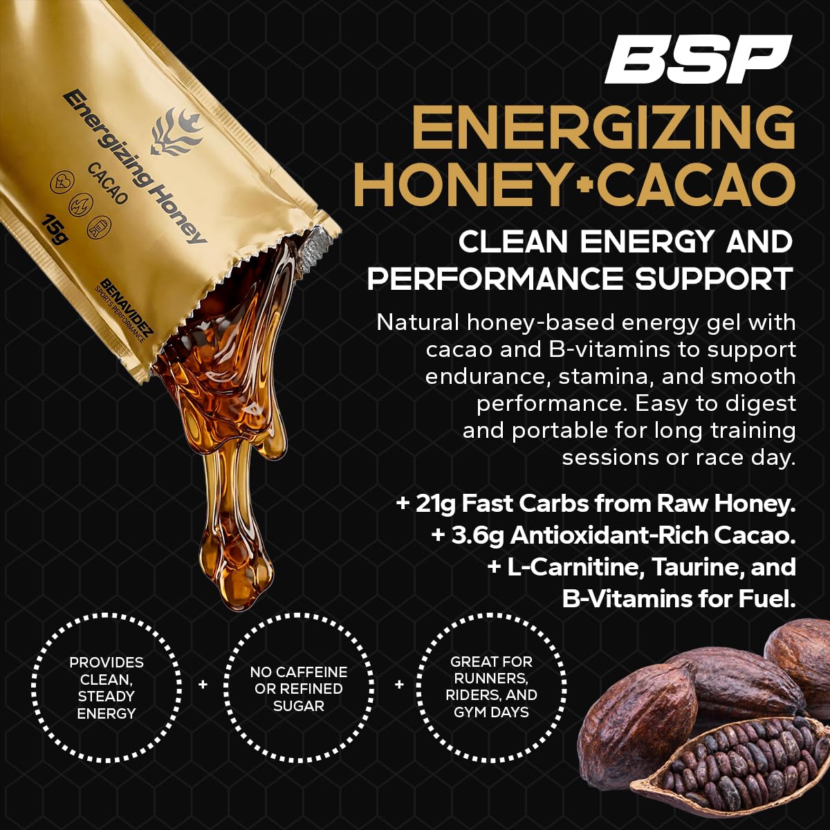 Benavidez sports performance Energizing Honey + Cacao Gel Pouches, 12 Count (15 g Each)