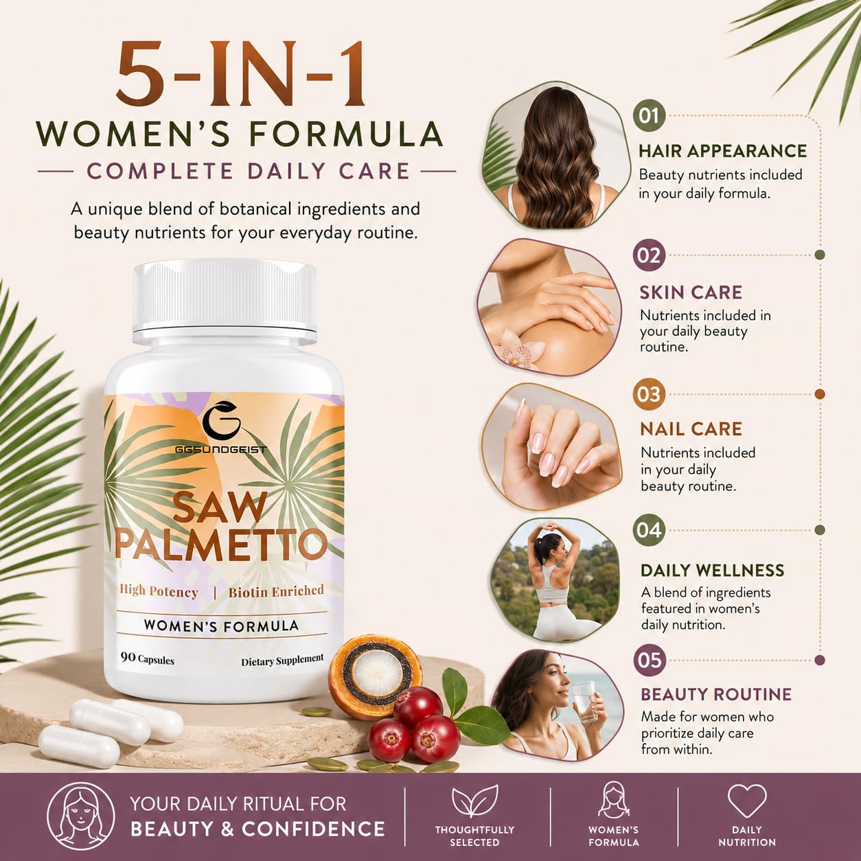 Gesundgeist Saw Palmetto for Women Hair Loss - DHT Blocker with 5-in-1 Blend for Hair Growth, Skin & Nails, Urinary Wellness - Extra Strength Saw Palmetto Supplement, 90 Capsules