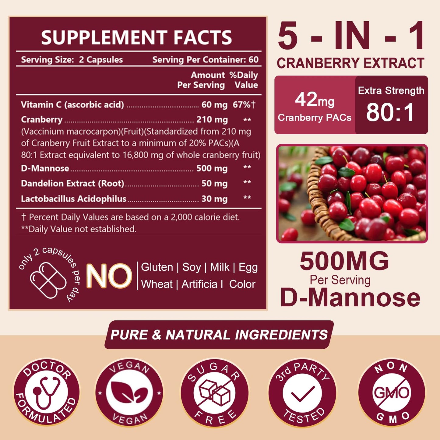 Nature Target Cranberry Pills with D-Mannose for Women Capsule, 120 Count