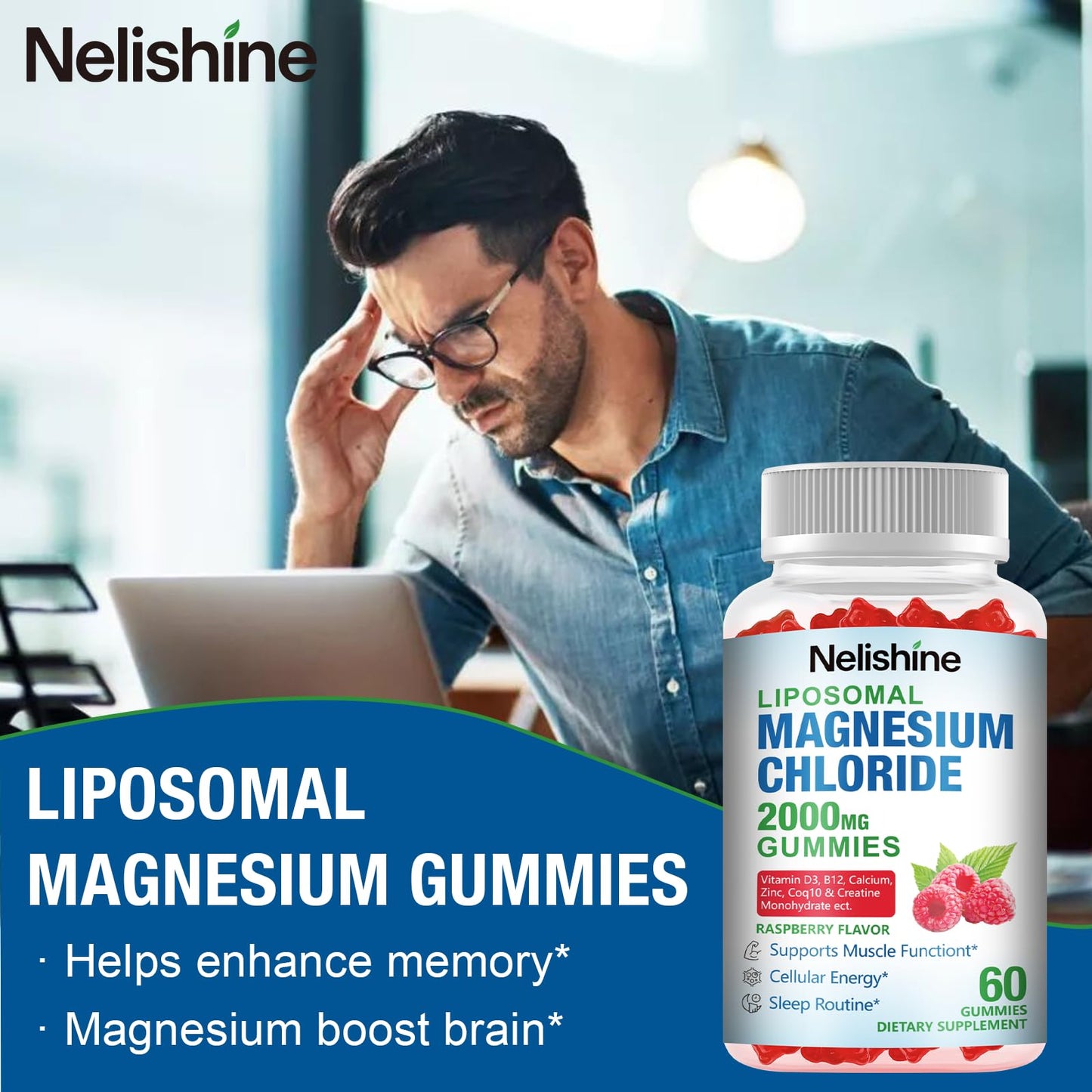Nelishine Liposomal Magnesium Chioride Gummies 2000mg with Calcium, Vitamin D3, B12, Zinc, L-Theanine, CoQ10, Proprietary Blend for Stress Relief, Heart & Muscle, Immune, Energy & Relaxation Support, 120 Gummies