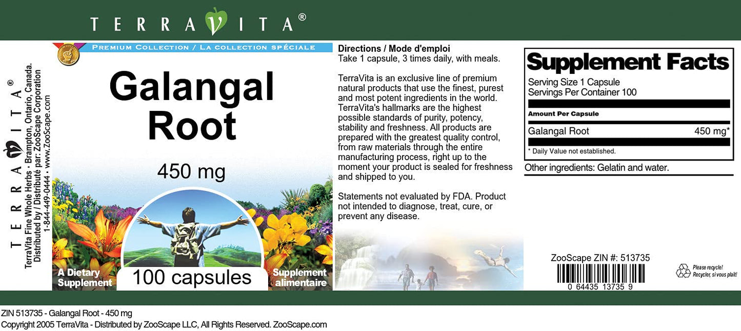 Terravita Galangal Root 450 mg Capsule, 100 Count