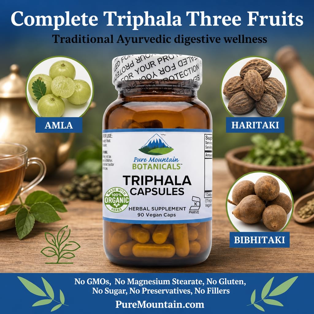 Pure Mountain Botanicals Triphala 500mg Organic Amla Fruit Capsules, 90 Count