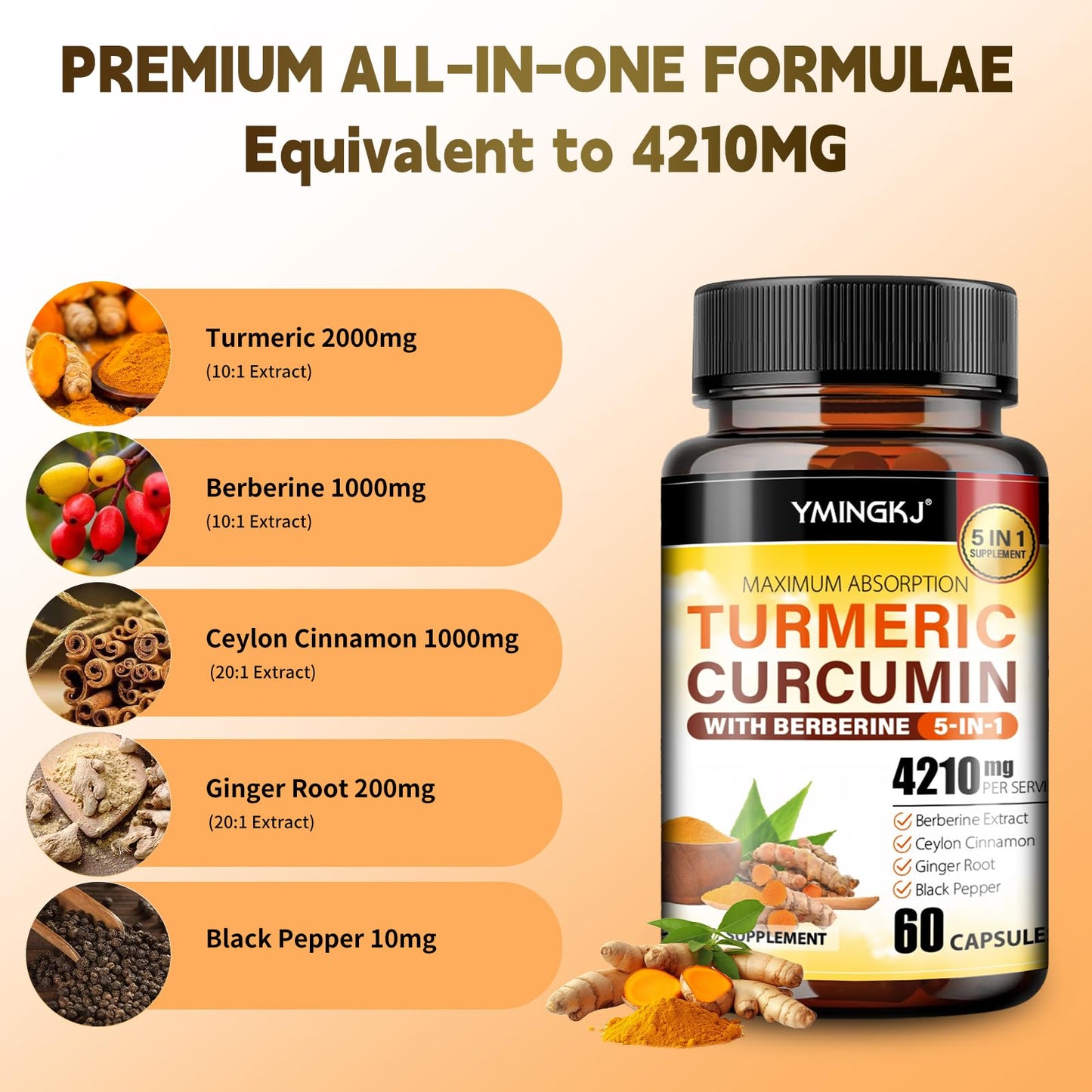 YMINGKJ Turmeric Curcumin Supplement with Black Pepper & Bioactive Botanicals, Turmeric, Ginger, Berberine, Ceylon Cinnamon Capsules 120