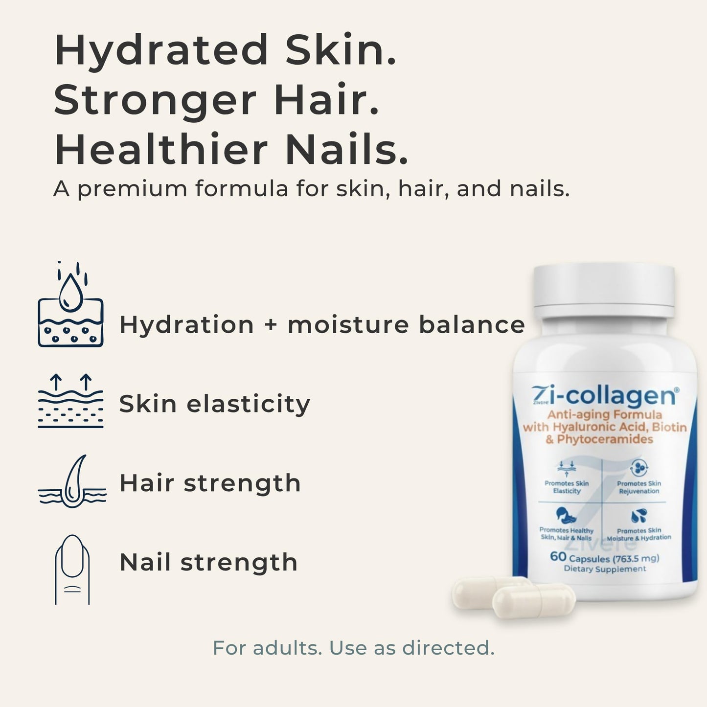 Zivere Zi-Collagen Marine Collagen Capsules with Phytoceramides, Hyaluronic Acid, Biotin & Vitamins A, C, D3 & E, 60 Capsules