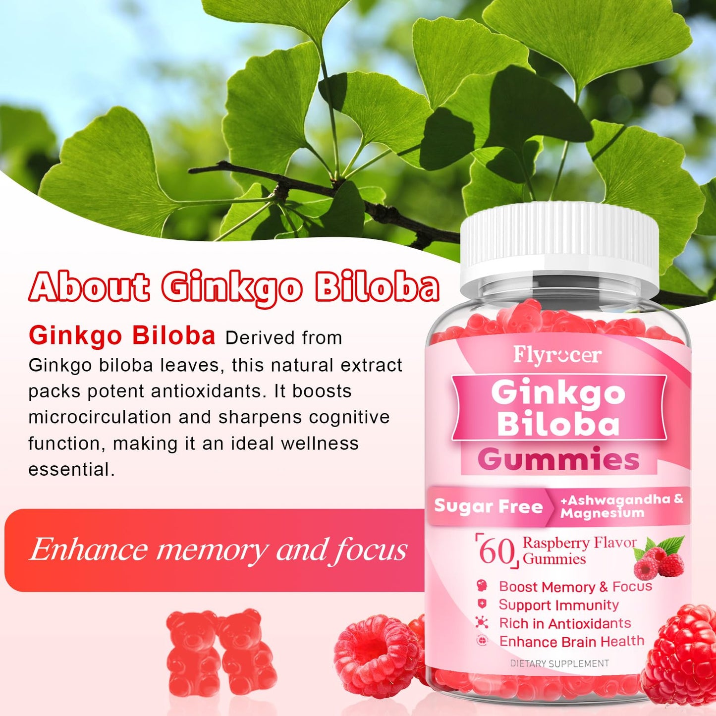 Flyrocer Ginkgo Biloba Gummies for Adults & Kids 60 Count