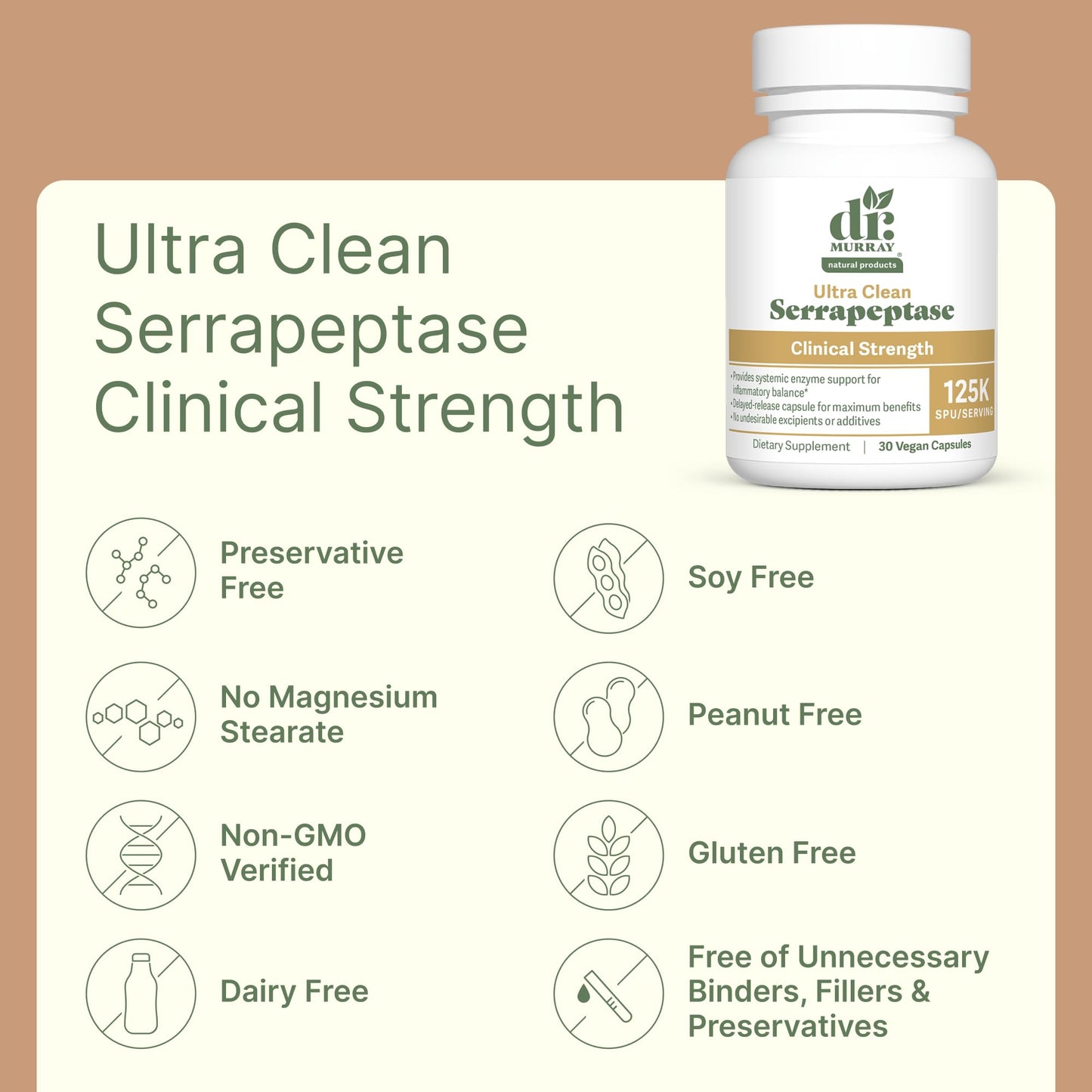 Dr. Murray Natural Products Ultra Clean 125,000 SPU Serrapeptase Clinical Strength - Proteolytic Enzyme Capsules 30 Count