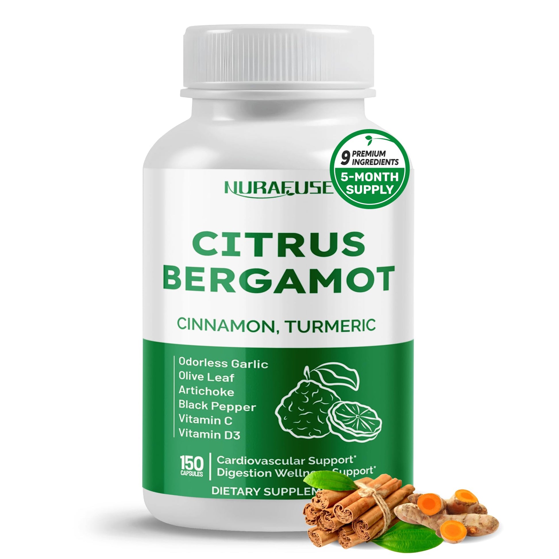 NURAFUSE Citrus Bergamot 9-in-1 Formula with Cinnamon Turmeric Odorless Garlic, Olive Leaf, Artichoke Capsules 150