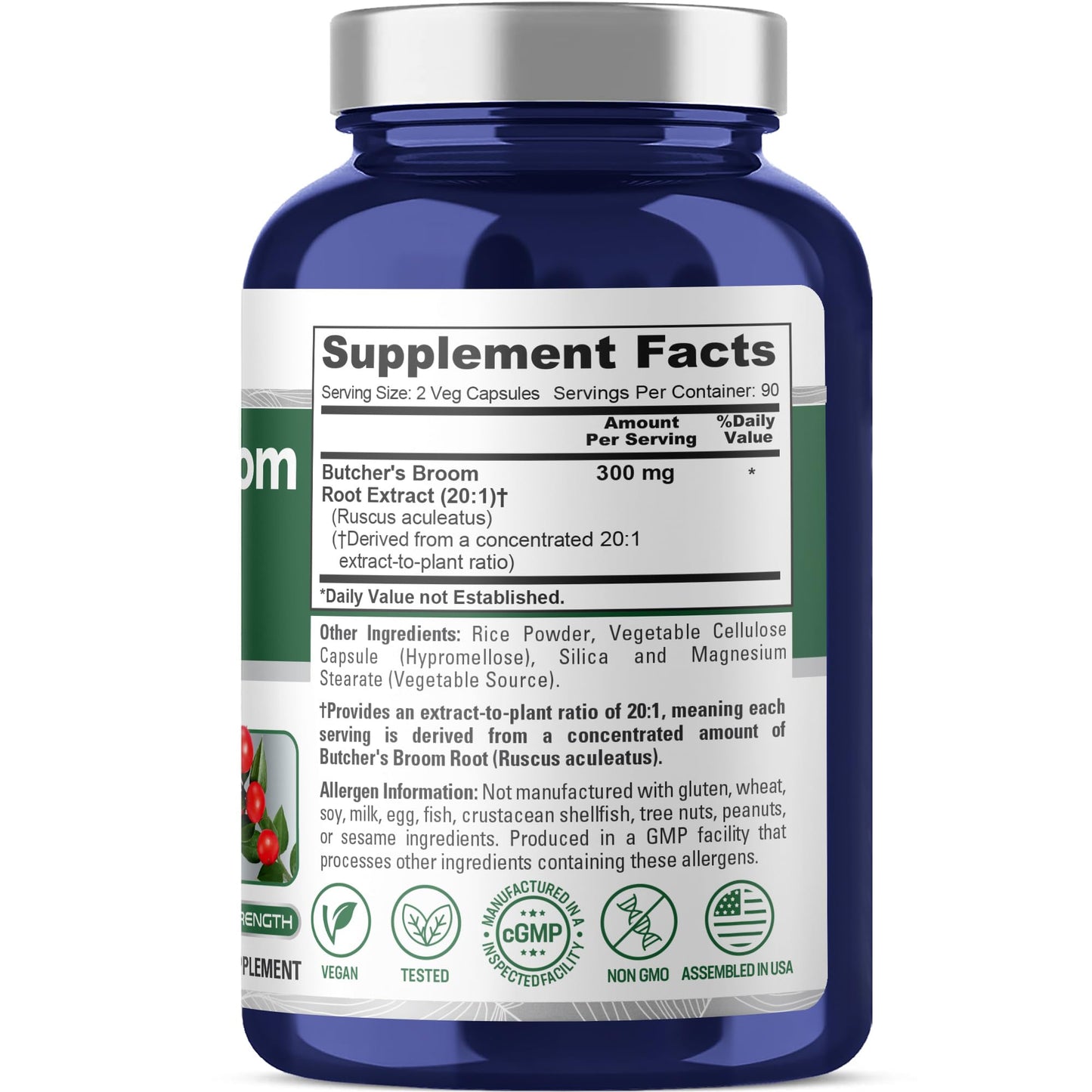 NusaPure Butcher's Broom Root 300mg Capsules, Non-GMO, Vegan, 180 Count