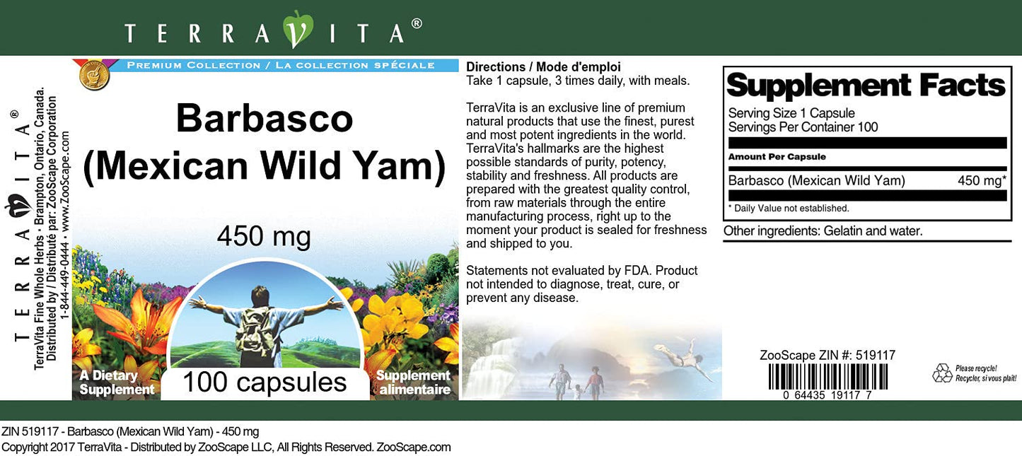 Terravita Barbasco (Mexican Wild Yam) 450 mg Capsules 100 Count