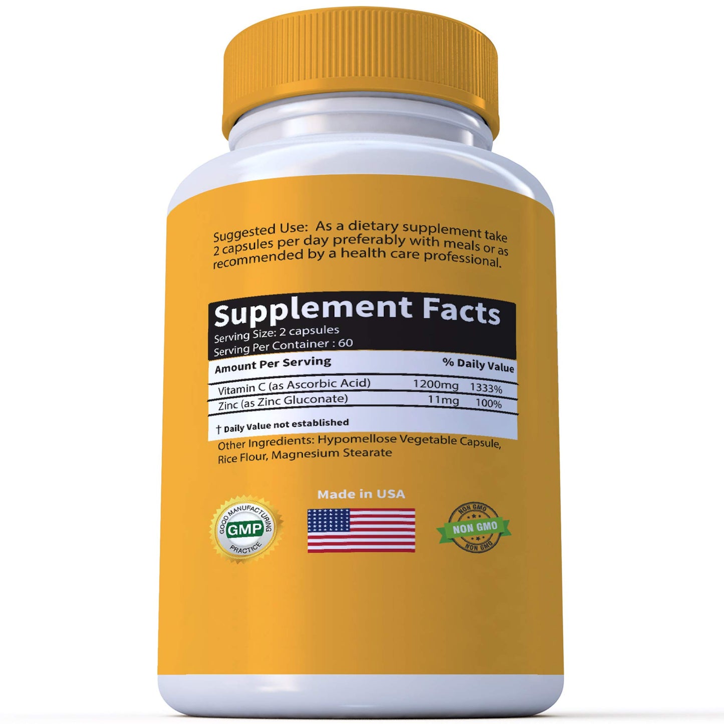 RaeSun Botanics High Dose Extra Strength 1200mg Vitamin C + Zinc Complex for Immune Support Capsules, 120 Count