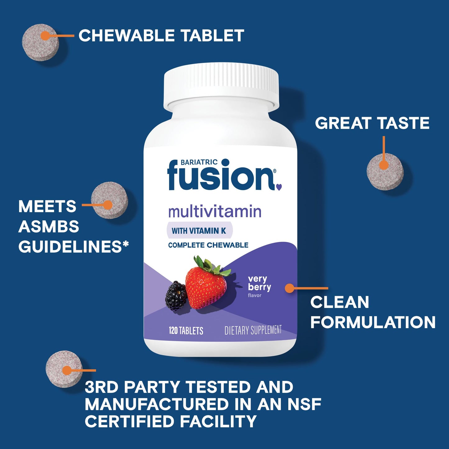 Bariatric Fusion Very Berry Complete Chewable Bariatric Multivitamin with Iron and Vitamin K for Bariatric Surgery Patients Including Gastric Bypass and Sleeve Gastrectomy, 120 Tablets