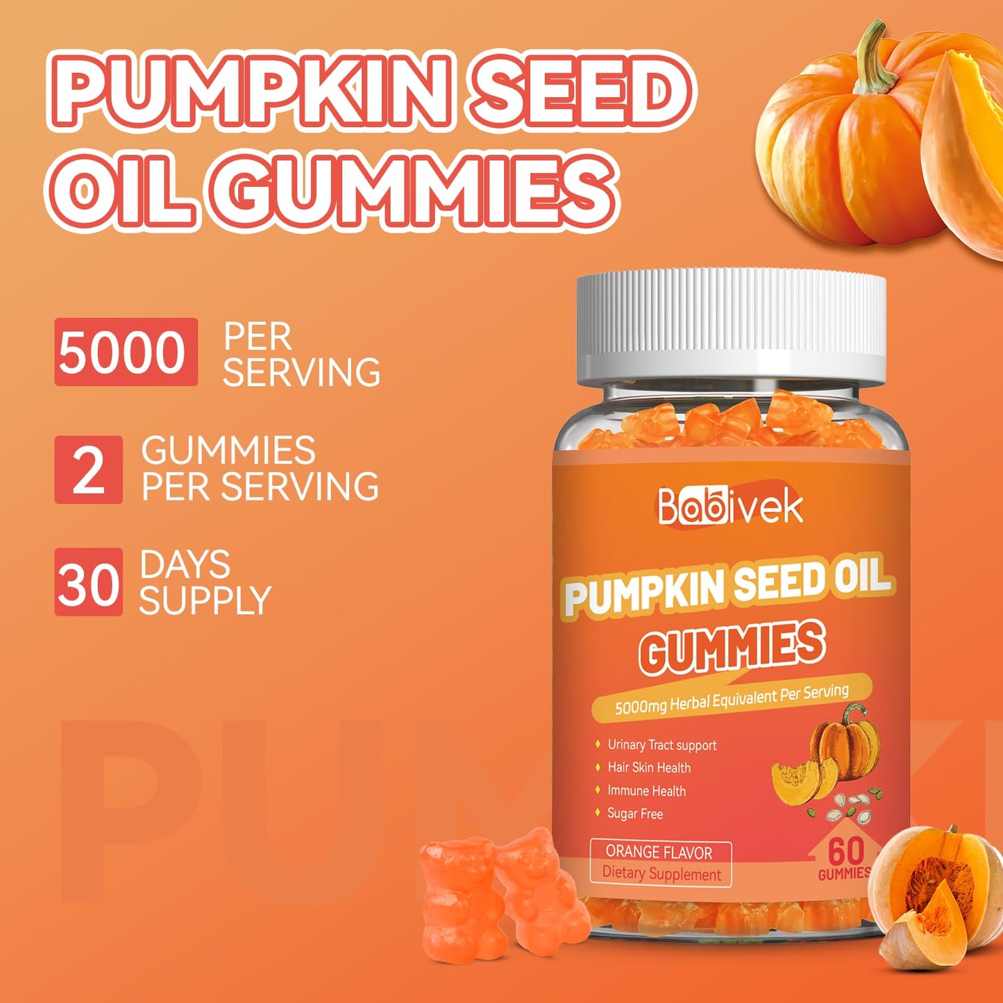 Babivek Sugar Free Pumpkin Seed Oil Gummies 5000mg, 60 Count