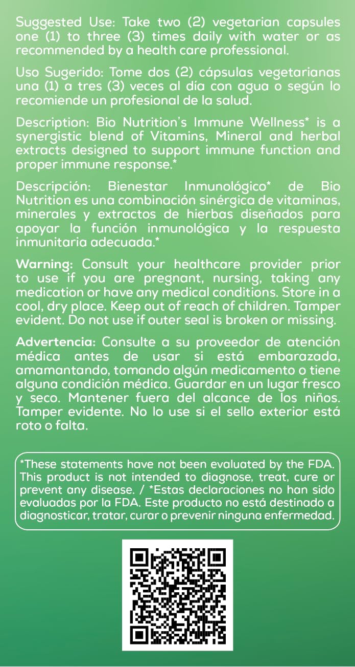Bio Nutrition Immune Wellness Olive Leaf & Oregano Vegetarian Capsules 60 Count