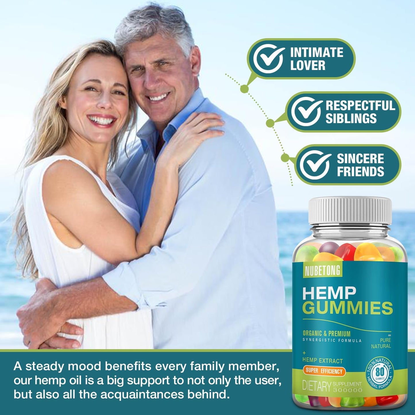 Nubetong Organic Hemp Gummies High Potency Hemp Oil Extract Natural Wellness Edible Supplement for Adults, 80 Count