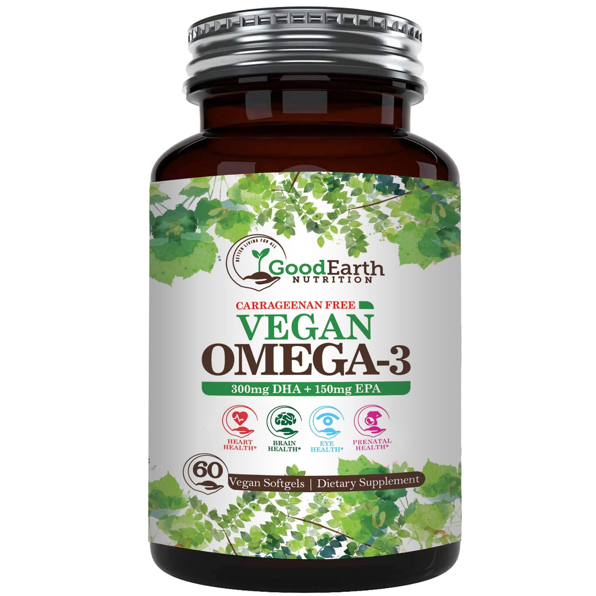 GoodEarth Nutrition Vegan Omega 3 - Carrageenan Free Plant Based Algal DHA/EPA Softgels, 60 Count