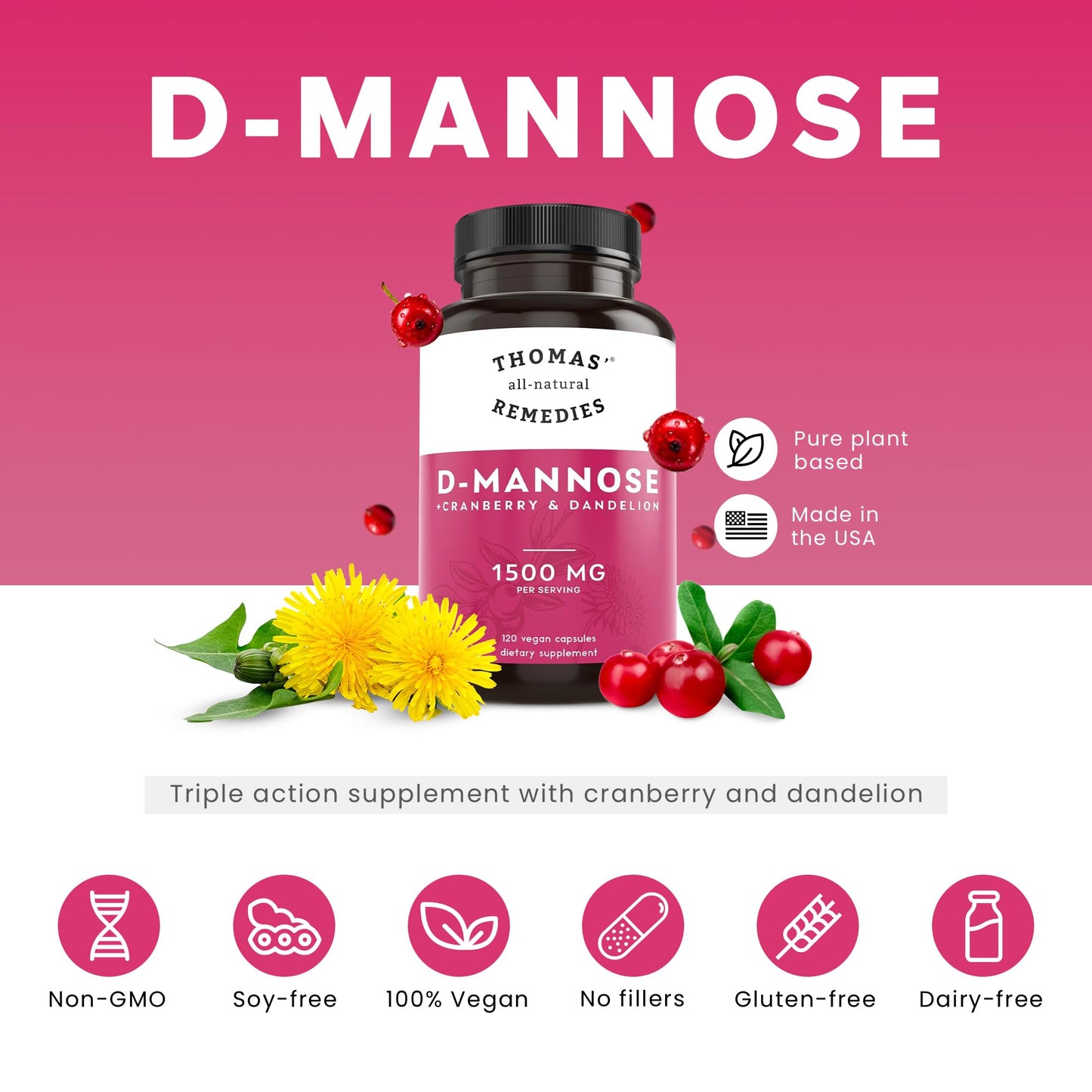 Thomas' all-natural Remedies D-mannose 1200mg with Cranberry and Dandelion, 120 Capsules