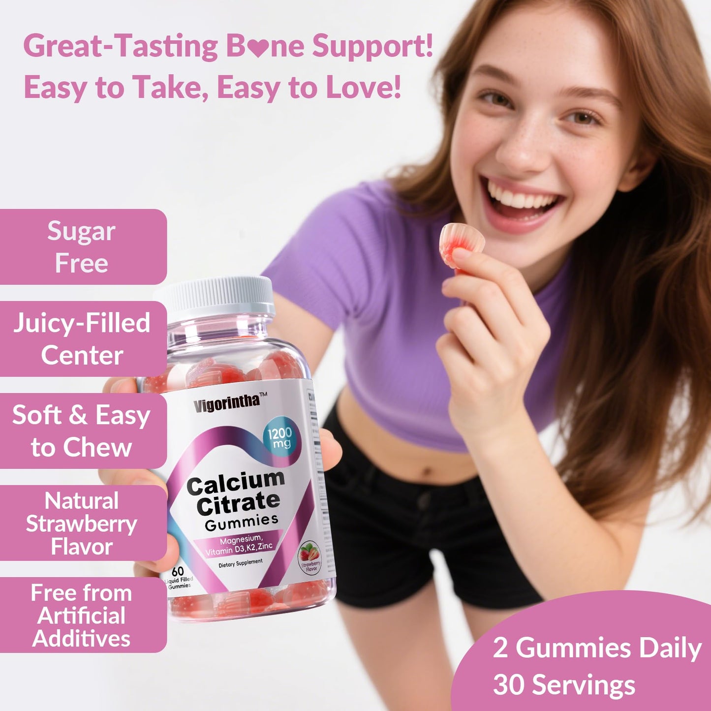 Vigorintha Calcium Citrate Gummies 1200mg with Magnesium, Vitamin D3, K2, Calcium Supplements for Women & Men - Easy to Digest, Vegan, Gluten Free, Sugar Free - Strawberry Flavor, 60 Gummies