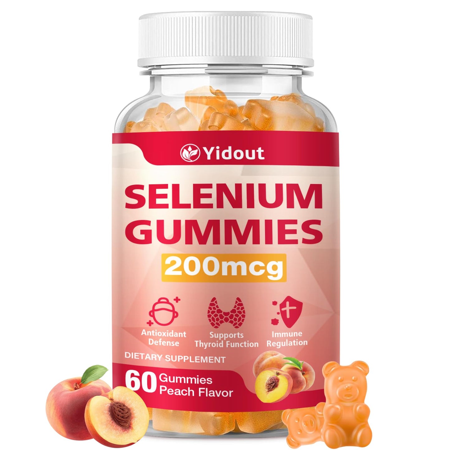 Yidout Selenium Supplement for Thyroid Support Gummy, 60 Count, 200mcg