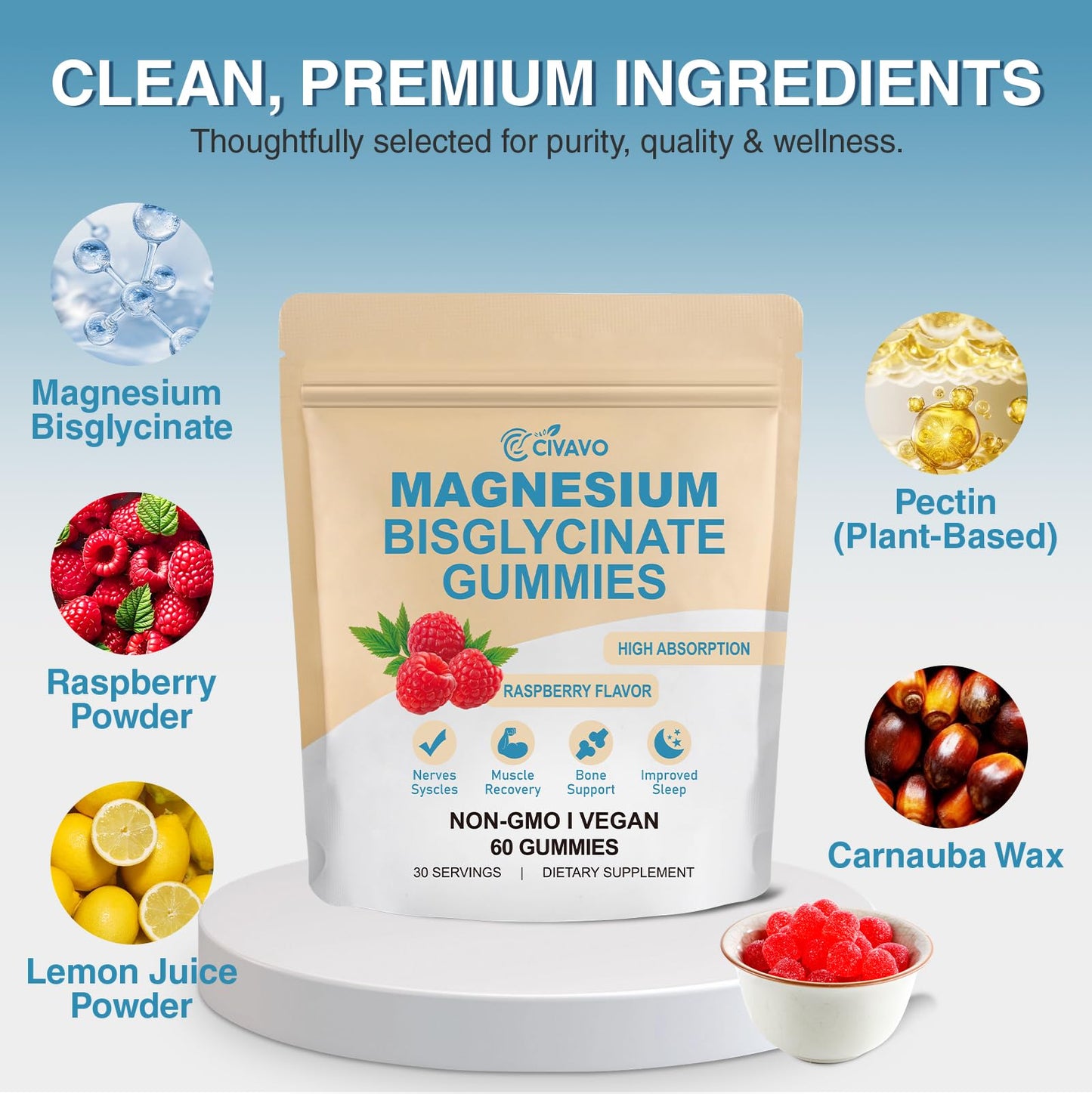 Civavo Magnesium Bisglycinate Gummies 400mg, 60 Count