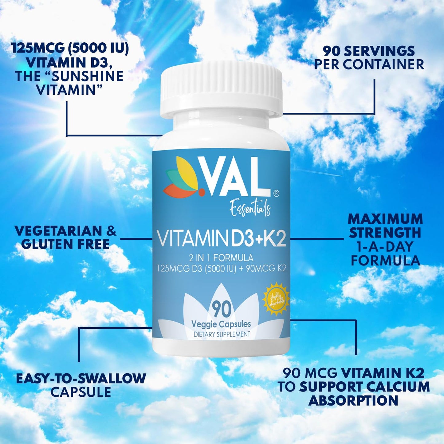 VAL Vitamin D3 + K2 (MK-7) 5000 IU & 90 mcg, Bone & Heart Health Support, 90 Vegan Capsules