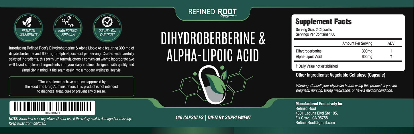 Blast Supplements Refined Root Dihydroberberine 300mg with Alpha Lipoic Acid 600mg Supplement Capsule, 120 Count