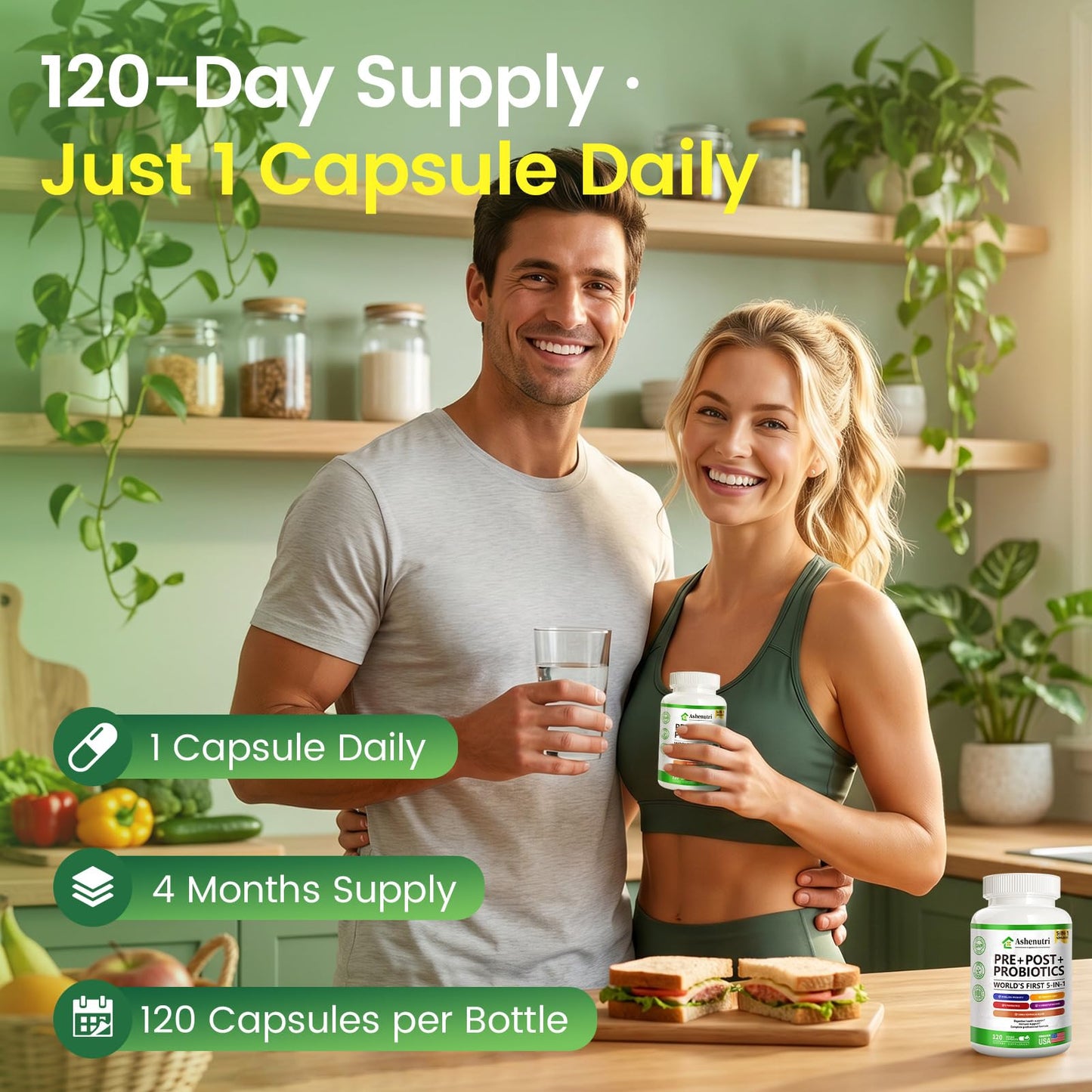 Ashenutri Probiotic Prebiotic Postbiotic for Women & Men, 30 Billion CFU, 24 Strains with Digestive Enzymes, Prebiotic Fiber & Slippery Elm – Complete Daily Immune & Gut Support, Capsule, 120 Count