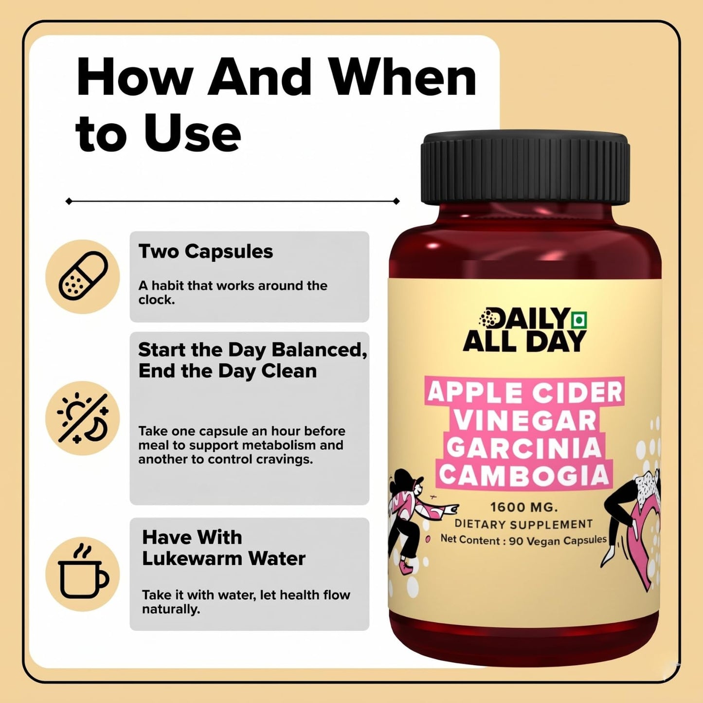 Daily All Day Apple Cider Vinegar Capsules with Garcinia Cambogia, 90 Count
