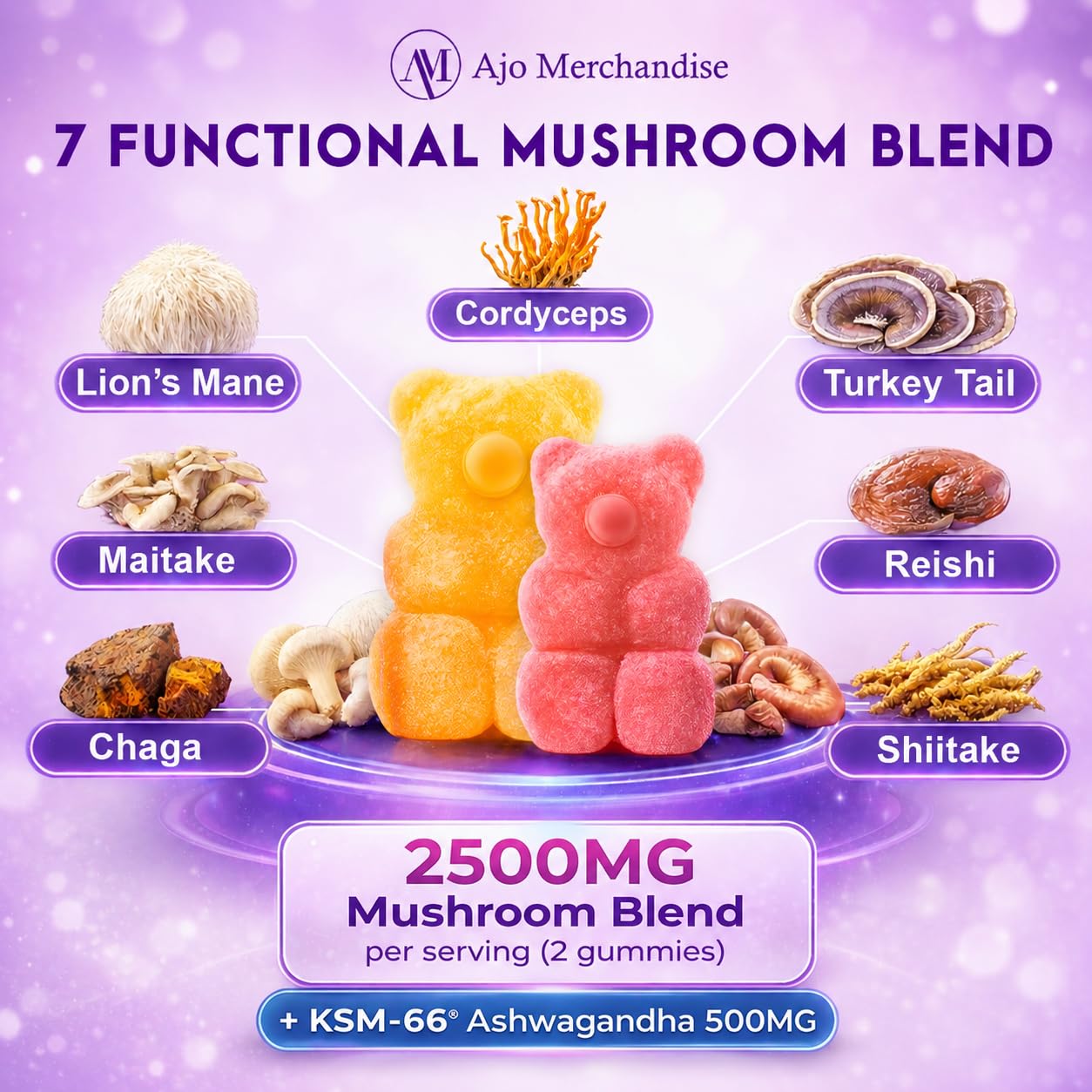 AJO MERCHANDISE Lion's Mane Mushroom Gummies for Focus & Energy with KSM-66 Ashwagandha, 80 Gummies
