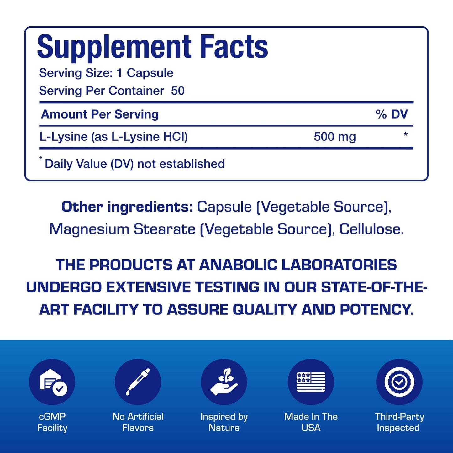 Anabolic Laboratories L Lysine 500 mg Capsules, 50 Count
