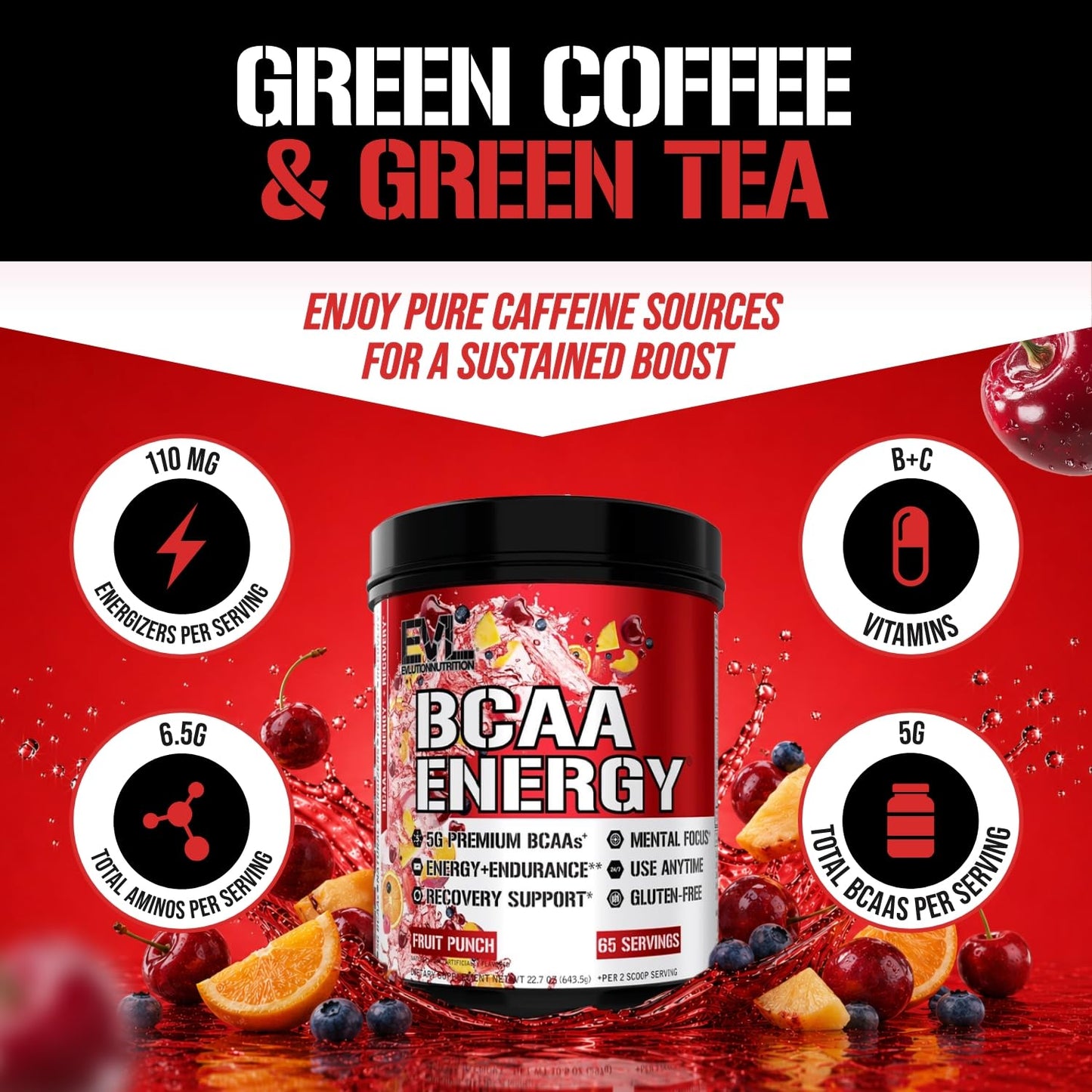 Evlution EVL BCAAs Amino Acids Powder, 65 Servings