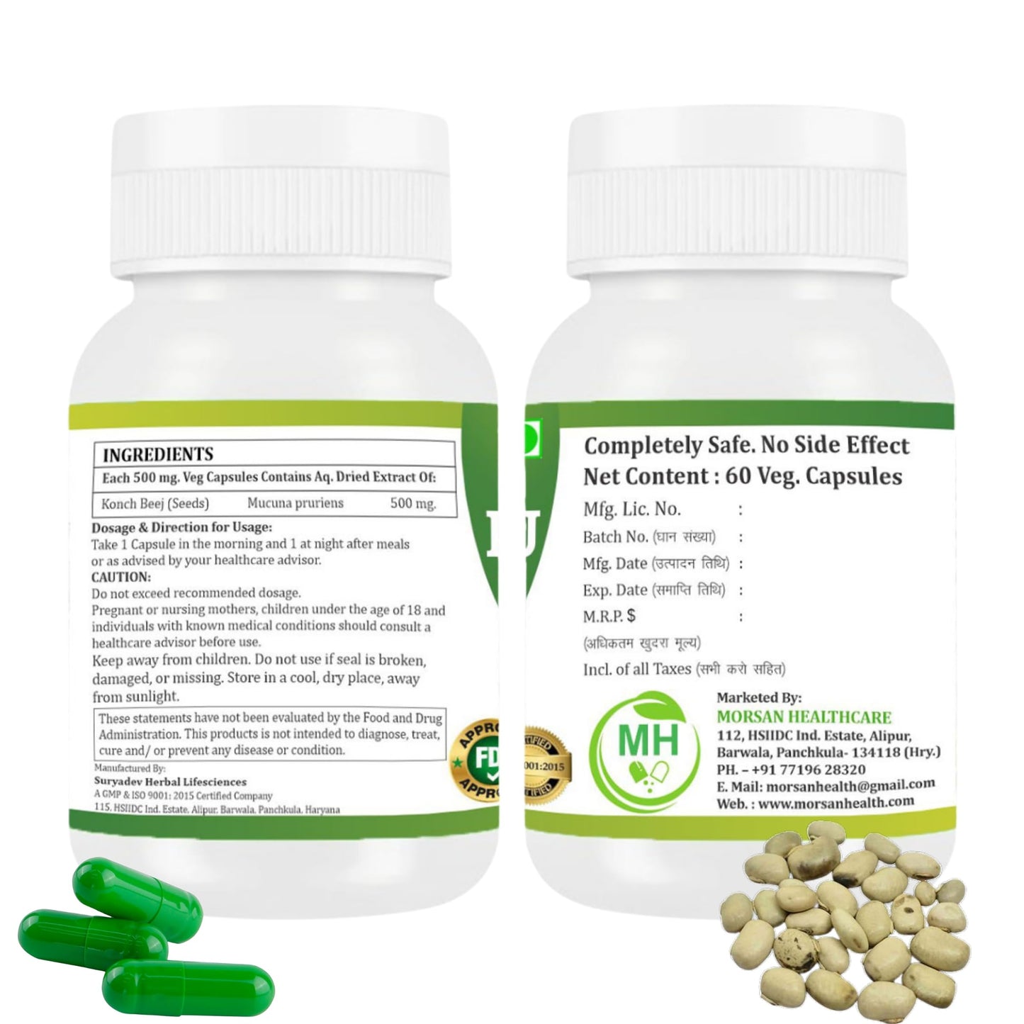 Morsan Healthcare Kaunch (Konch) Beej Mucuna pruriens Capsules, 120 Capsules