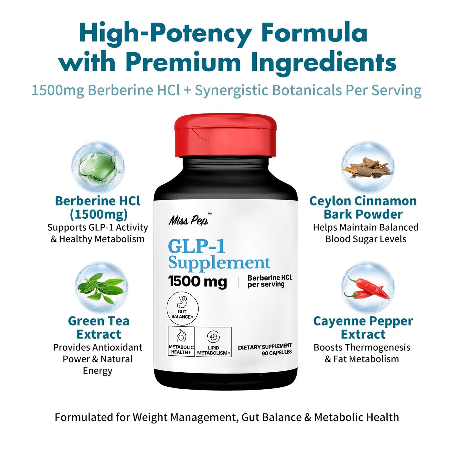 MISS PEP GLP-1 Supplement – High Potency Berberine HCl 1500mg with Ceylon Cinnamon, Green Tea & Cayenne Extract – Appetite Control, Gut Balance & Metabolism, 90 Capsules