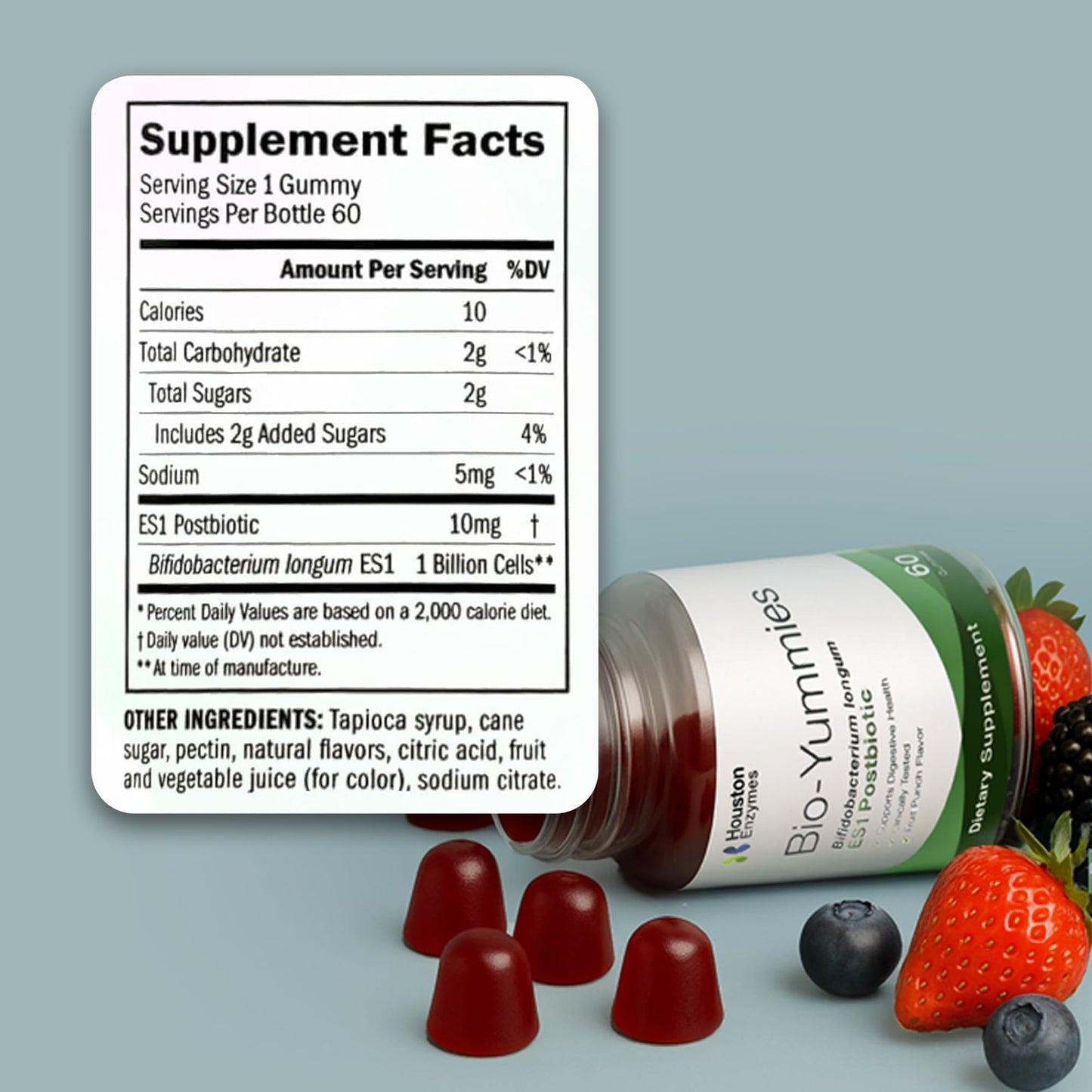 Houston Enzymes BioYummies Postbiotic Digestive Health Supplement with ES1 Postbiotics, Gut Health for Men & Women, Metabolites from Prebiotics and Probiotics, 60 Fruit Punch Flavor Chewable Gummies, 1 Count