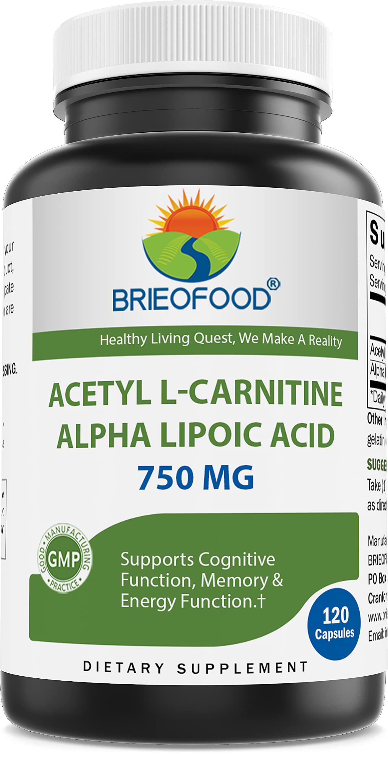 Brieofood Acetyl L-Carnitine Alpha Lipoic Acid (ALA ALC) 750 mg, 120 Capsules