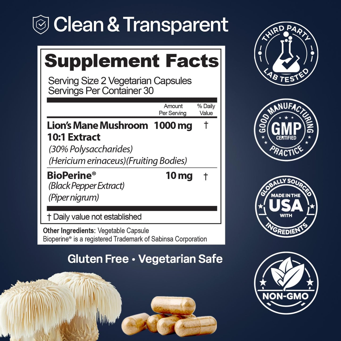 Natures Elements Lion’s Mane Mushroom with BioPerine 10:1 Extract – 1000mg Lion’s Mane + 10mg BioPerine – 30% Polysaccharides – 180 Capsules