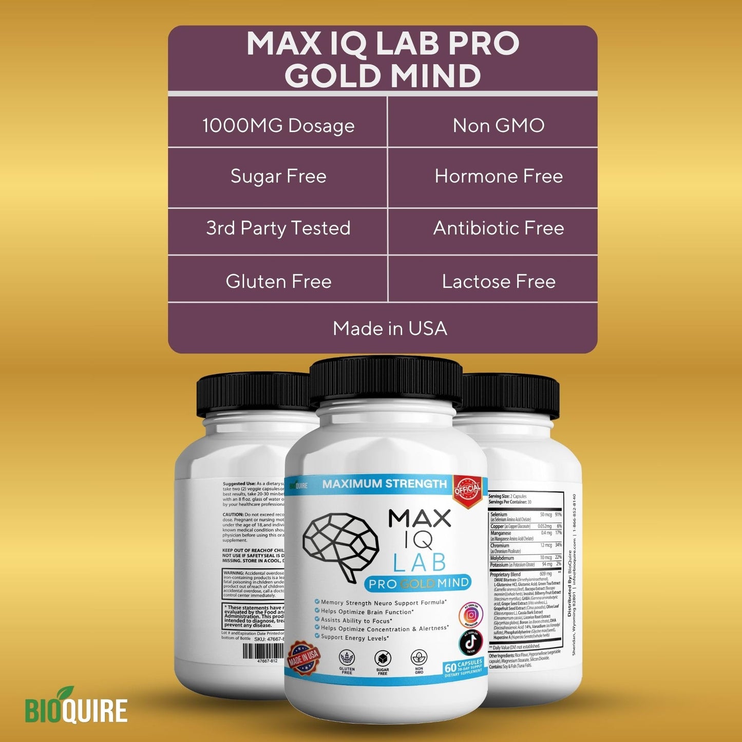 BIOQUIRE Max IQ Lab Pro Gold Mind Memory Support Supplement 60 Capsules