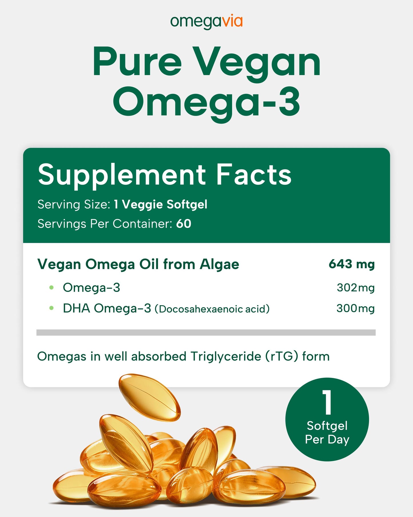 OmegaVia Vegan Omega-3 Softgels, 60 Count