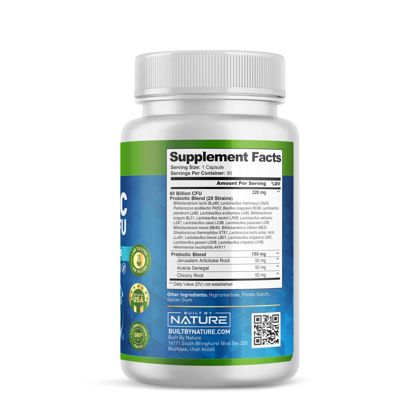 Built by Nature Probiotic 60 Billion CFU – 20 Strains + Prebiotics – Immune & Digestive Support – for Women & Men – Delayed Release Capsules, Shelf Stable – 3 Month Supply – 90 Capsules