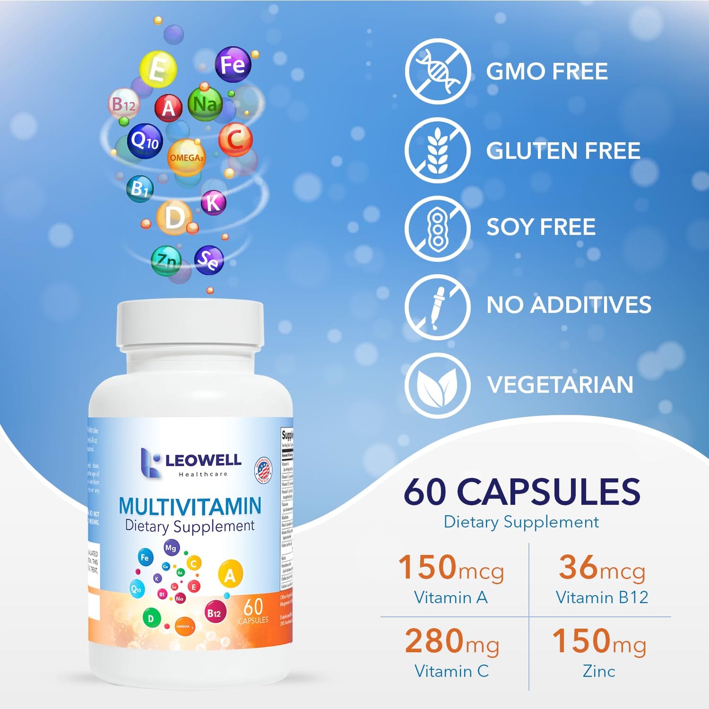 LEOWELL HEALTHCARE Leowell Multivitamin for Men & Women Daily Vitamin & Mineral Complex with Vitamin A, C, D, E, B-Complex, Zinc, Iron & Magnesium Immune & Energy Support, 60 Capsules