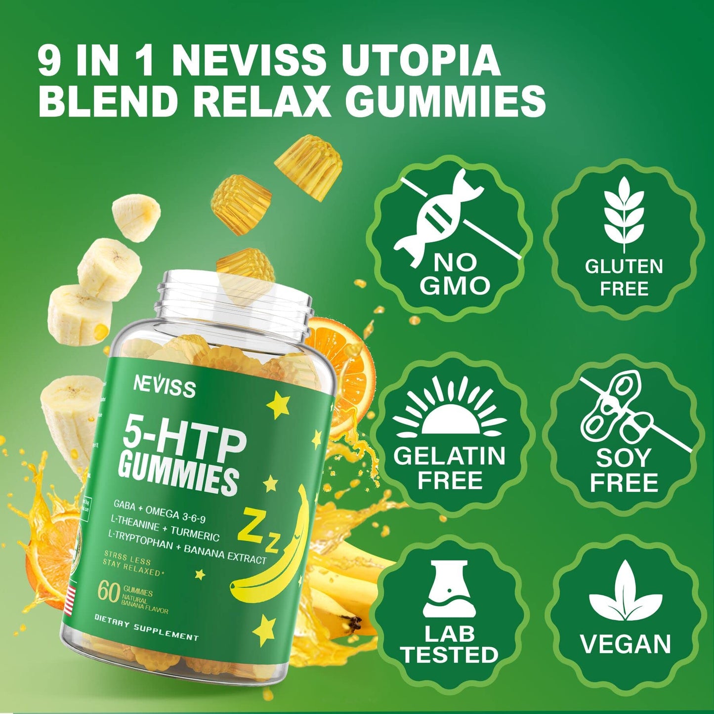NEVISS 5-HTP 400mg Gummies + GABA - Melatonin Free, 60 Gummies