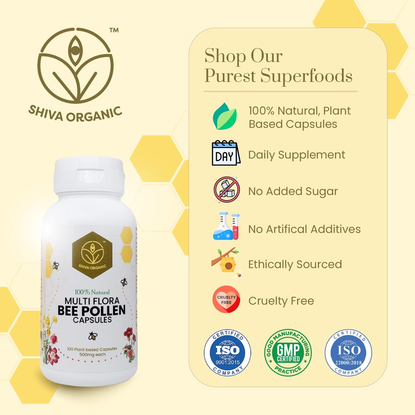 Shiva Organic Multi Flora Bee Pollen (500mg) Capsule, 100 Count