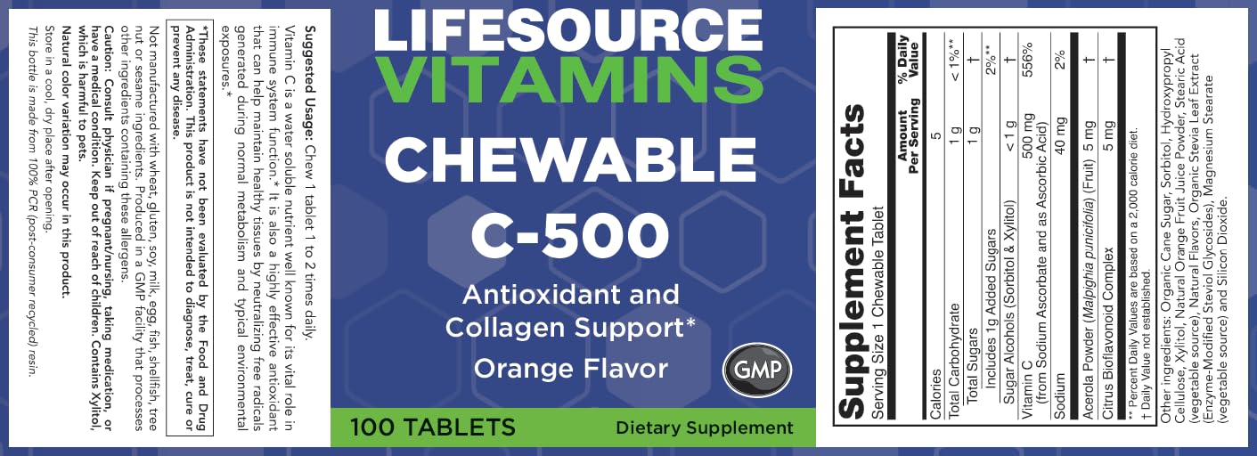 LifeSource Vitamins Vitamin C 500 mg Chewable Tablets, 100 Count