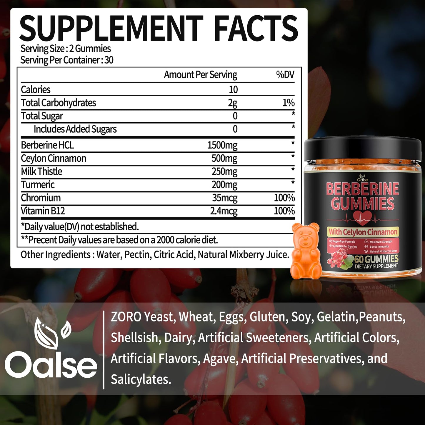 OALSE Berberine Gummies with Berberine HCI, Milk Thistle, Ceylon Cinnamon, 60 Count