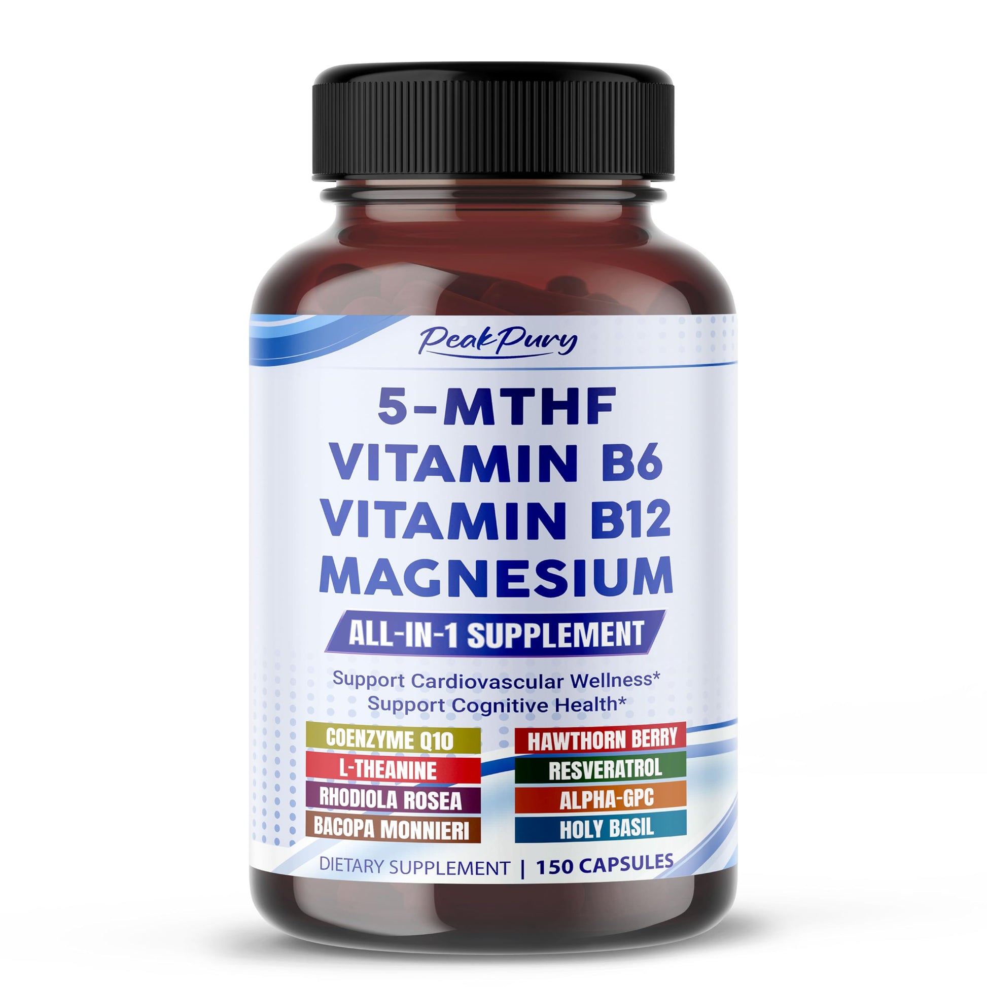 PEAKPURY Ultra 5-MTHF with B6, B12, Magnesium, CoQ10 & Rhodiola Capsule, 150 Capsules