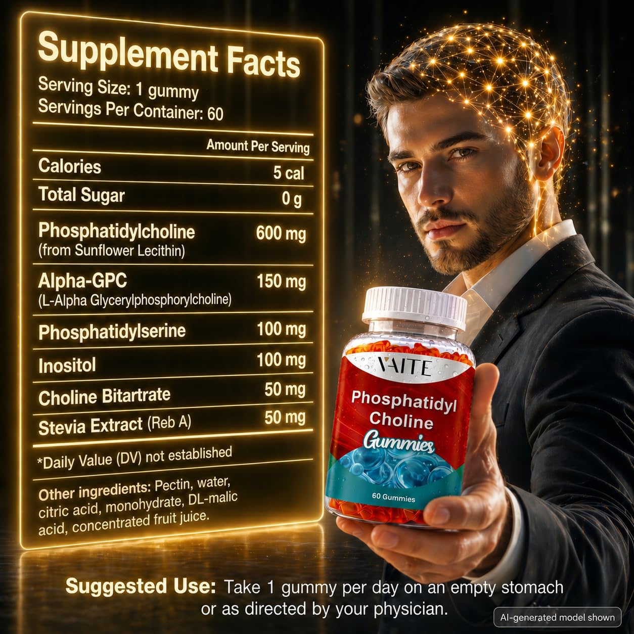 VAITE Phosphatidylcholine Gummies 600 mg Sunflower Lecithin 5-in-1 Choline Complex with Alpha GPC 150 mg, Phosphatidylserine 100 mg, Inositol 100 mg & Choline Bitartrate 50 mg for Daily Focus, 60 Gummies