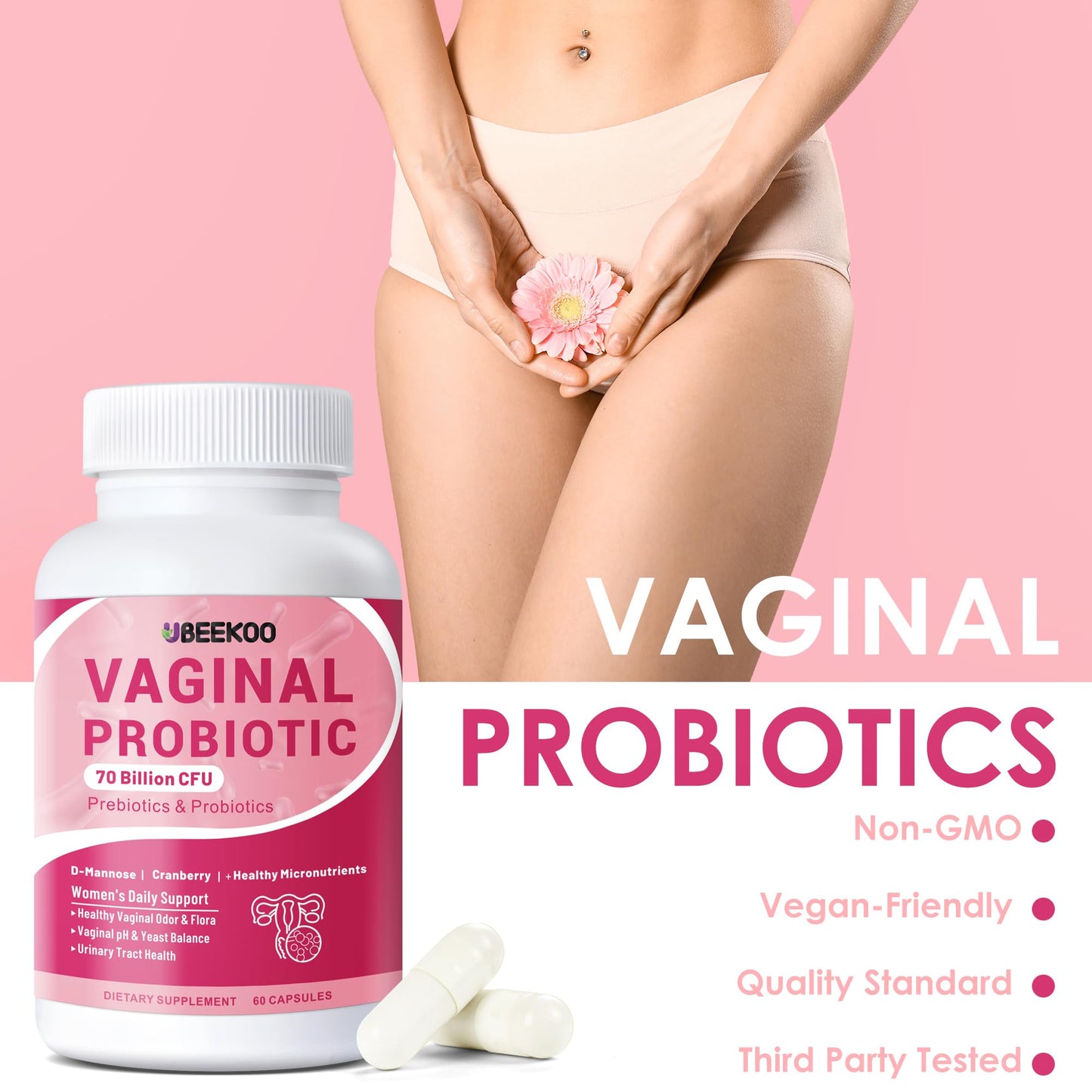 UBEEKOO Vaginal Probiotics for Women 70 Billion CFU with Prebiotics, Organic Cranberry & D-Mannose for Vaginal Odor & Flora, pH Balance & Urinary Tract Support, 60 Capsules