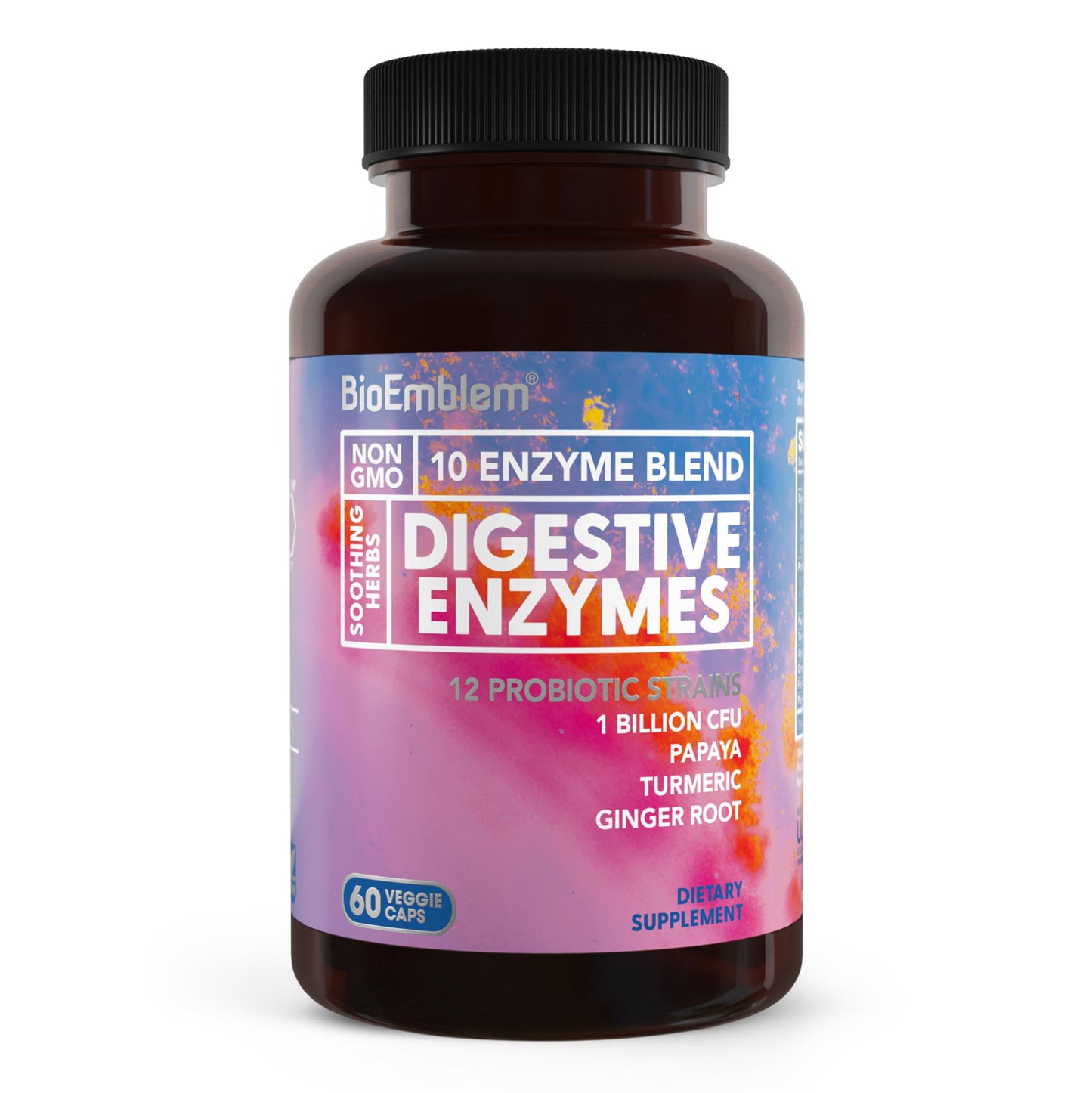 BioEmblem Digestive Enzymes with Probiotics - 10 Enzymes, 12-Strain 1 Billion CFU - 60 Capsules